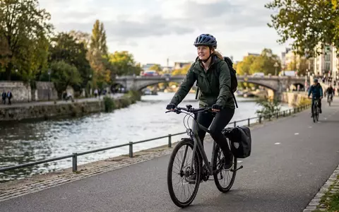Fotorealistische Aufnahme von Fahrradhelm am Flussradweg zum Thema Uvex Air Wing Fahrradhelm, natuerliches Licht - Foto: THN