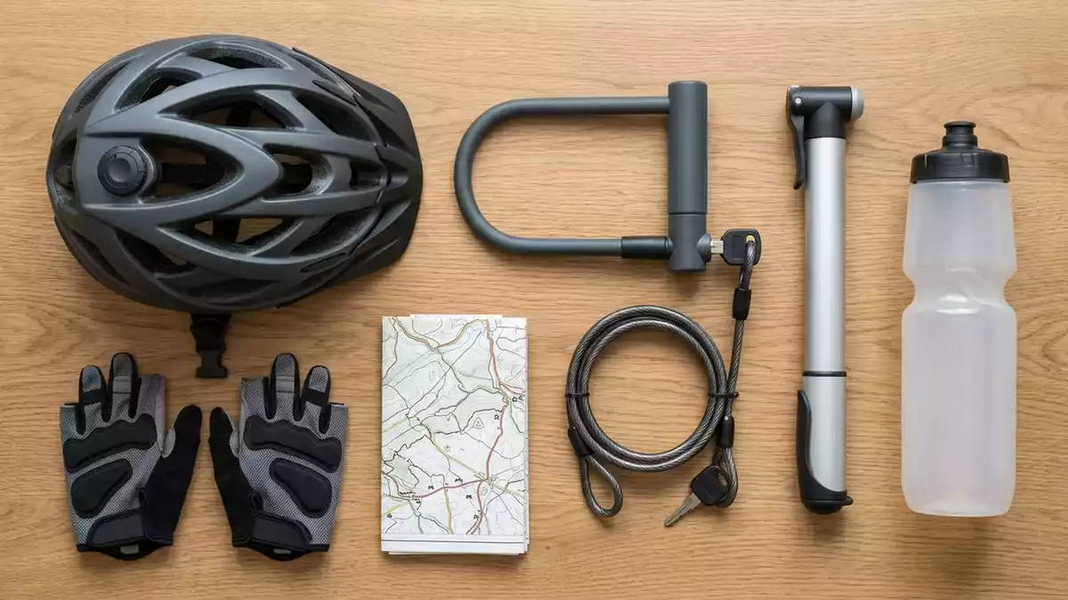 Flatlay-Arrangement rund um Fahrradhelm mit passenden Requisiten von oben, neutral