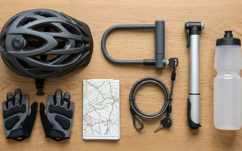 Flatlay-Arrangement rund um Fahrradhelm zum Thema Uvex Air Wing Fahrradhelm, weiches Oberlicht - Foto: THN