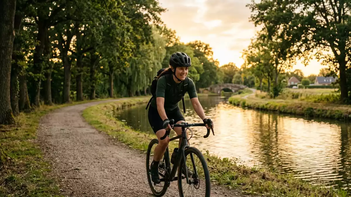 Fotorealistische Ansicht von Fahrradhelm am Kanalweg in warmem Abendlicht, neutral