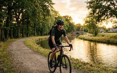 Fotorealistische Aufnahme von Fahrradhelm am Kanalweg zum Thema Uvex Air Wing Fahrradhelm, warmes Abendlicht - Foto: THN