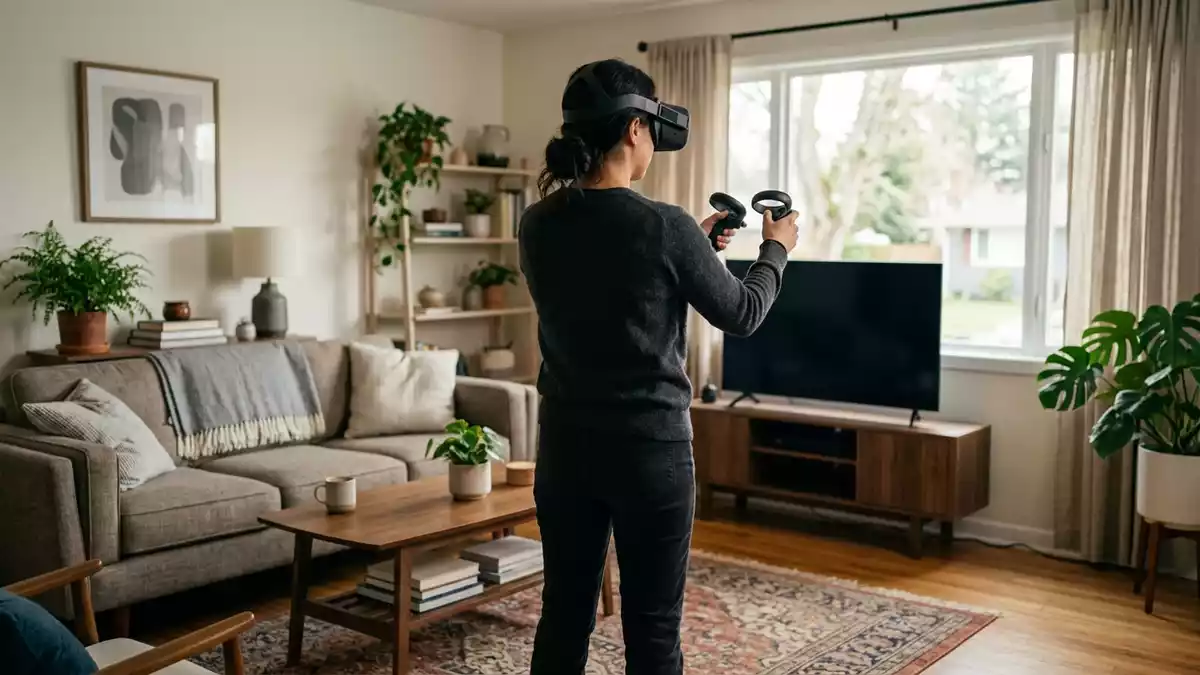 Fotorealistische Ansicht von VR-Headset im Wohnzimmer in realer Umgebung, neutral