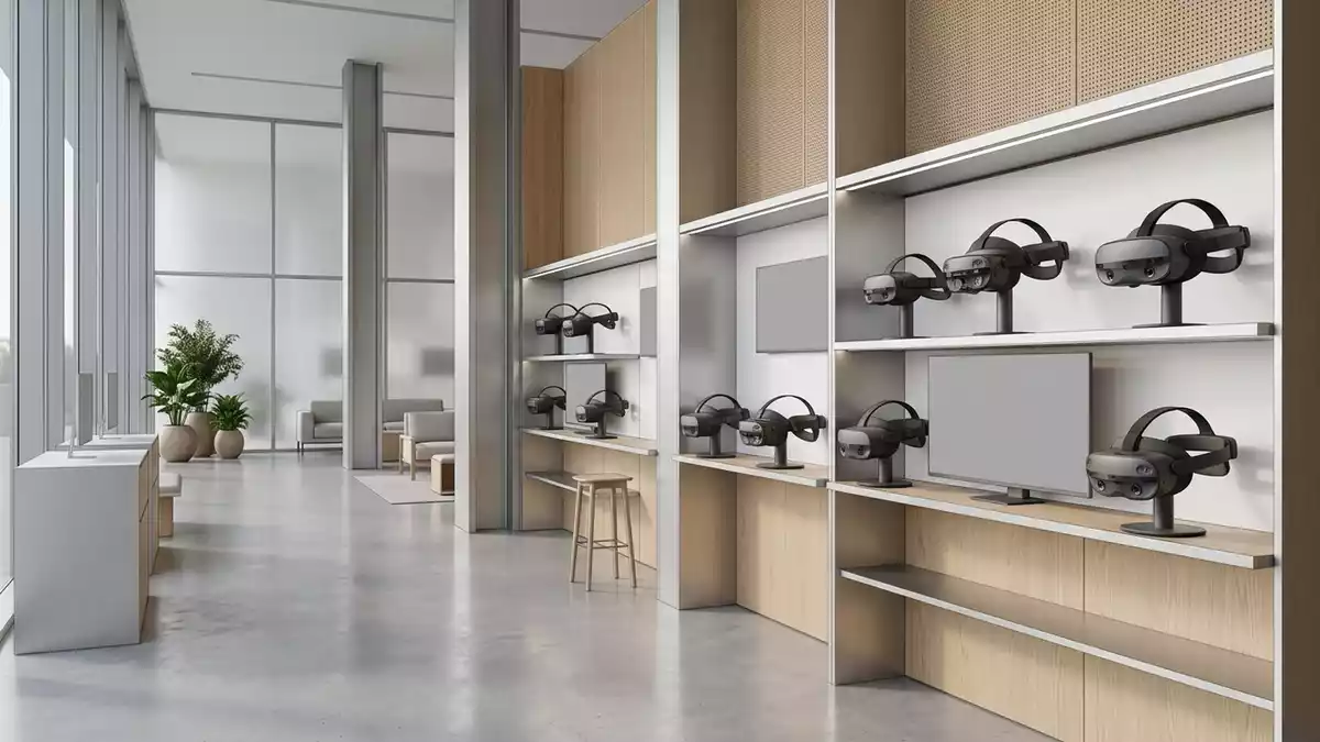 Architektur-Render im Elektronikgeschaeft mit Mixed-Reality-Headset im Ausstellungsbereich