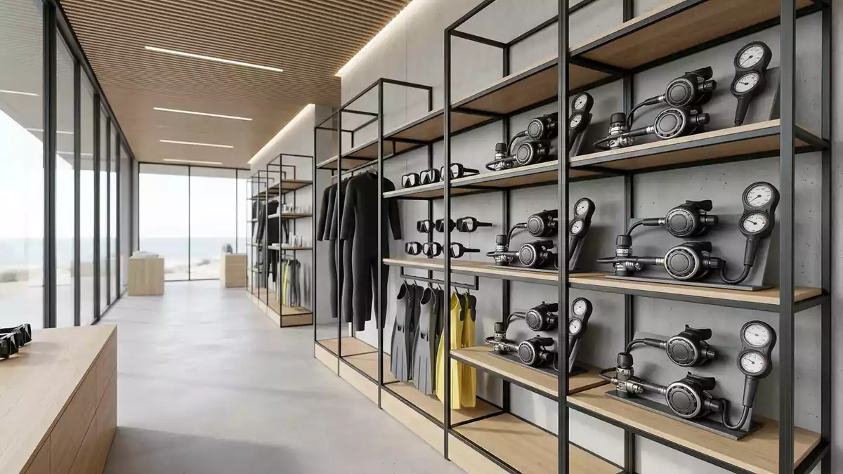 Architektur-Render im Tauchfachgeschaeft mit Tauchregler im Ausstellungsbereich