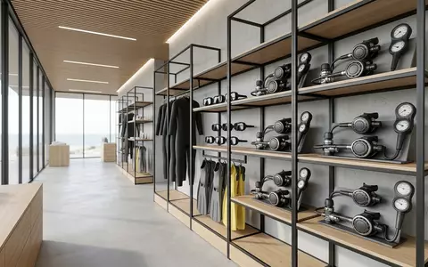 Architektur-Render im Tauchfachgeschaeft mit Tauchregler zum Thema Mares Quad Air Atemregler, neutrales Tageslicht - Foto: THN