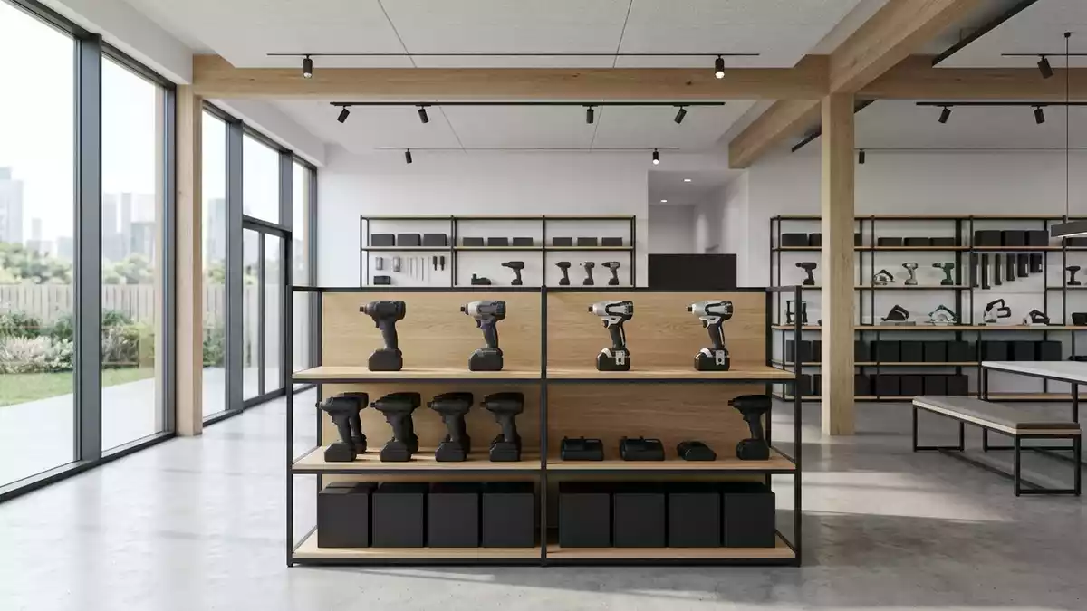 Architektur-Render im Werkzeugfachgeschaeft mit Akku-Schlagschrauber im Ausstellungsbereich