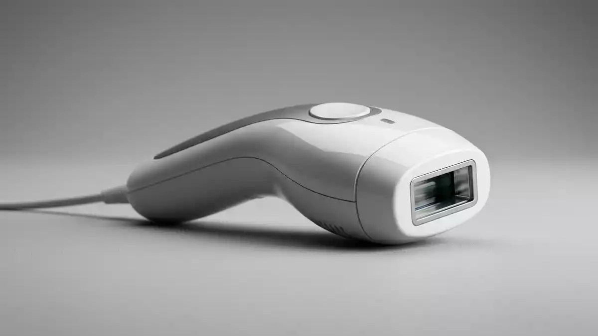 Fotorealistische Studioansicht von Haarentfernungsgeraet in neutraler Produktdarstellung