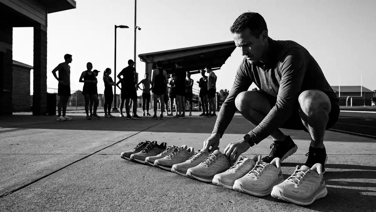 Schwarzweiss-Reportagebild mit Laufschuhe in dokumentarischer Arbeitsumgebung, neutral