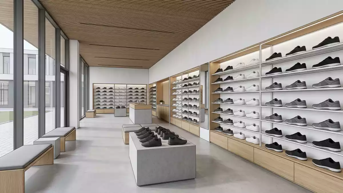 Architektur-Render im Sportgeschaeft mit Trainingsschuhe im Ausstellungsbereich