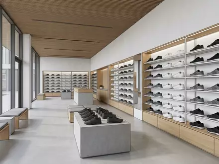 Architektur-Render im Sportgeschaeft mit Trainingsschuhe zum Thema Under Armour Charged Commit, neutrales Tageslicht - Foto: THN