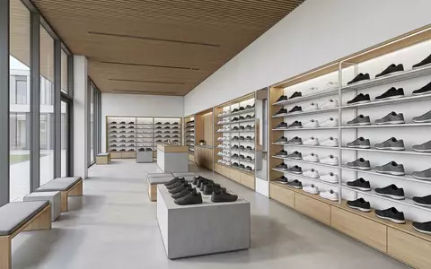 Architektur-Render im Sportgeschaeft mit Trainingsschuhe zum Thema Under Armour Charged Commit, neutrales Tageslicht - Foto: THN