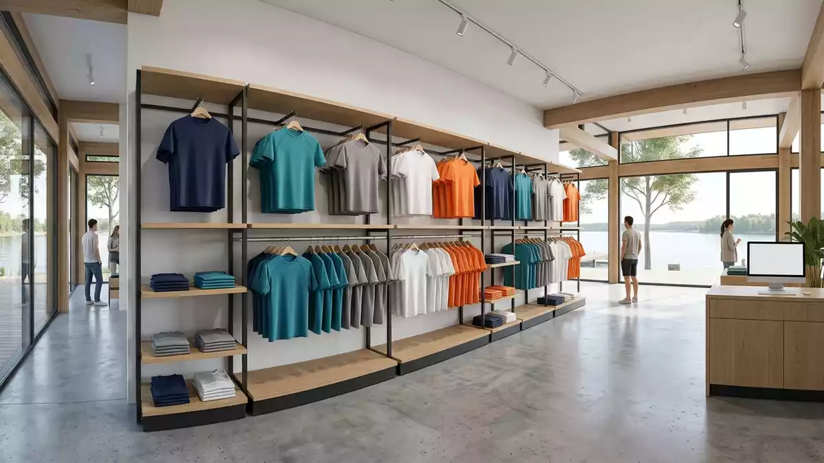 Architektur-Render im Wassersport-Bekleidungsgeschaeft mit Kurzarm-Rashguard