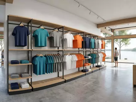 Architektur-Render im Wassersport-Bekleidungsgeschaeft mit Kurzarm-Rashguard zum Thema Kanu Surf Herren Rashguard, neutrales Tageslicht - Foto: THN