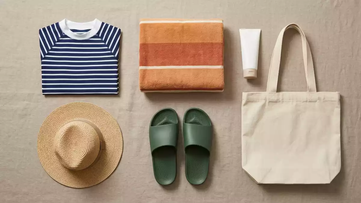 Flatlay-Arrangement rund um Kurzarm-Rashguard mit passenden Requisiten von oben
