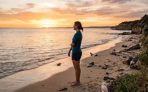 Fotorealistische Aufnahme von Kurzarm-Rashguard am Strand zum Thema Kanu Surf Herren Rashguard, warmes Abendlicht - Foto: THN