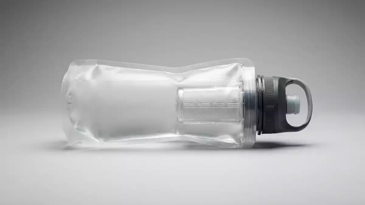 Fotorealistische Studioansicht von Filterflasche in neutraler Produktdarstellung