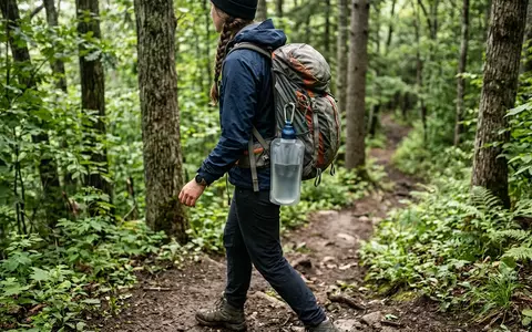 Fotorealistische Aufnahme von Filterflasche beim Wandern zum Thema Katadyn BeFree 1L Filterflasche, natuerliches Licht - Foto: THN
