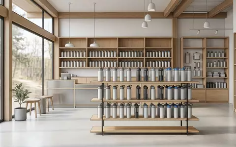 Architektur-Render im Outdoor-Trinkflaschengeschaeft mit Filterflasche zum Thema Katadyn BeFree 1L Filterflasche, neutrales Tageslicht - Foto: THN