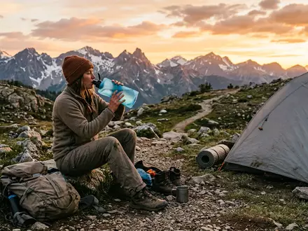Fotorealistische Aufnahme von Filterflasche am Berglager zum Thema Katadyn BeFree 1L Filterflasche, warmes Abendlicht - Foto: THN