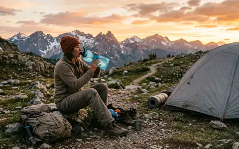 Fotorealistische Aufnahme von Filterflasche am Berglager zum Thema Katadyn BeFree 1L Filterflasche, warmes Abendlicht - Foto: THN