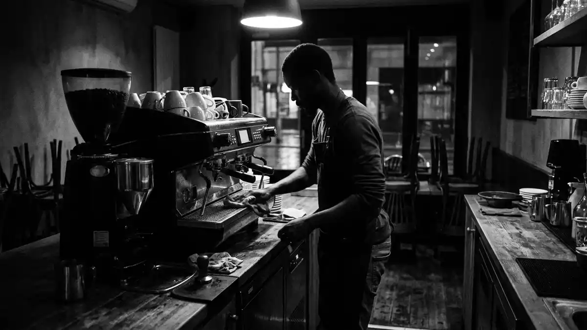 Schwarzweiss-Reportagebild mit Kaffeevollautomat in dokumentarischer Arbeitsumgebung