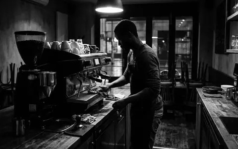 Schwarzweiss-Reportage mit Kaffeevollautomat zum Thema Jura D6 Kaffeevollautomat, hoher Kontrast, sachlich dargestellt - Foto: THN