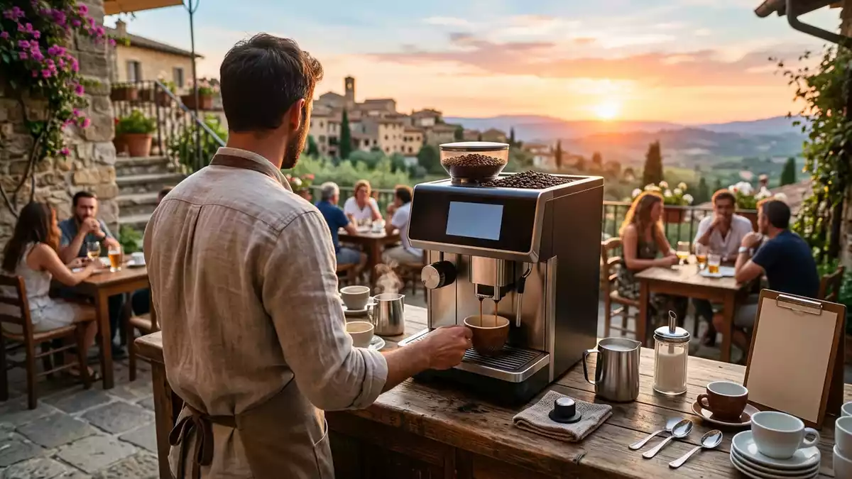 Fotorealistische Ansicht von Kaffeevollautomat auf der Terrasse in warmem Abendlicht