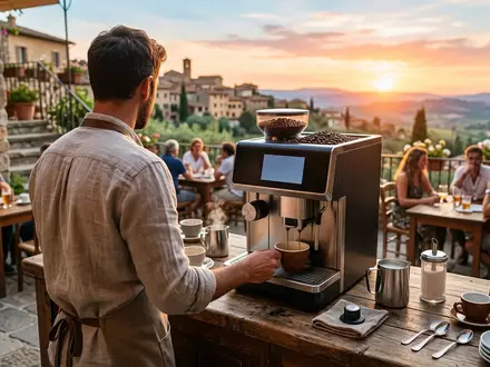 Fotorealistische Aufnahme von Kaffeevollautomat auf der Terrasse zum Thema Jura D6 Kaffeevollautomat, warmes Abendlicht - Foto: THN