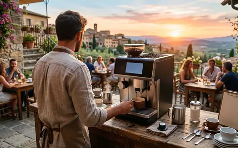 Fotorealistische Aufnahme von Kaffeevollautomat auf der Terrasse zum Thema Jura D6 Kaffeevollautomat, warmes Abendlicht - Foto: THN