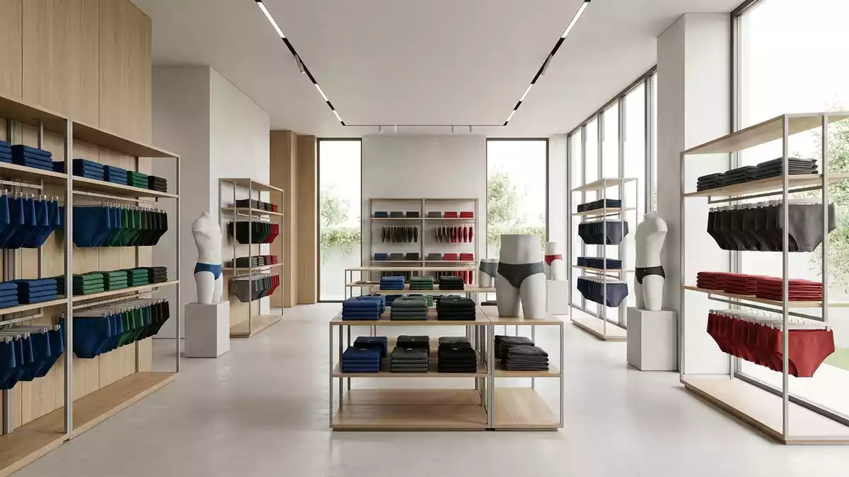 Architektur-Render im Bademodenladen mit Badehose im Ausstellungsbereich, neutral