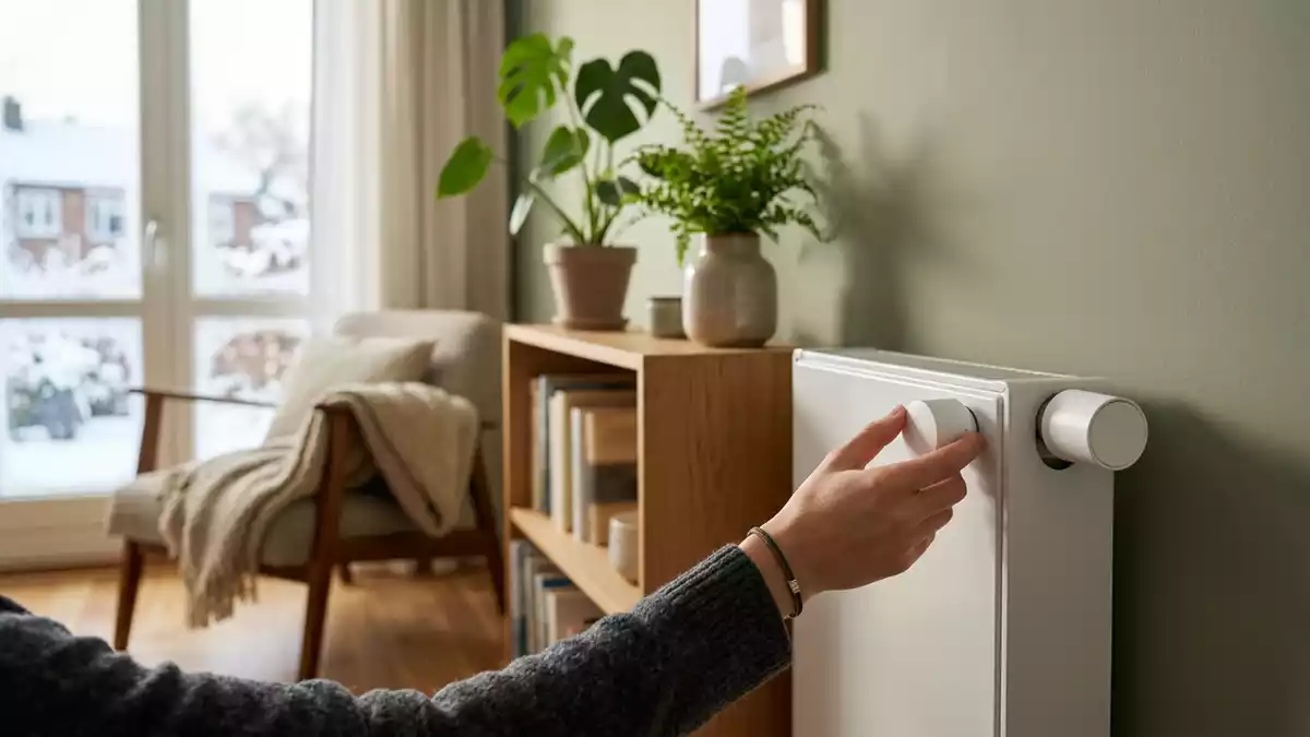 Fotorealistische Ansicht von Heizkoerperthermostat in der Wohnung in realer Umgebung