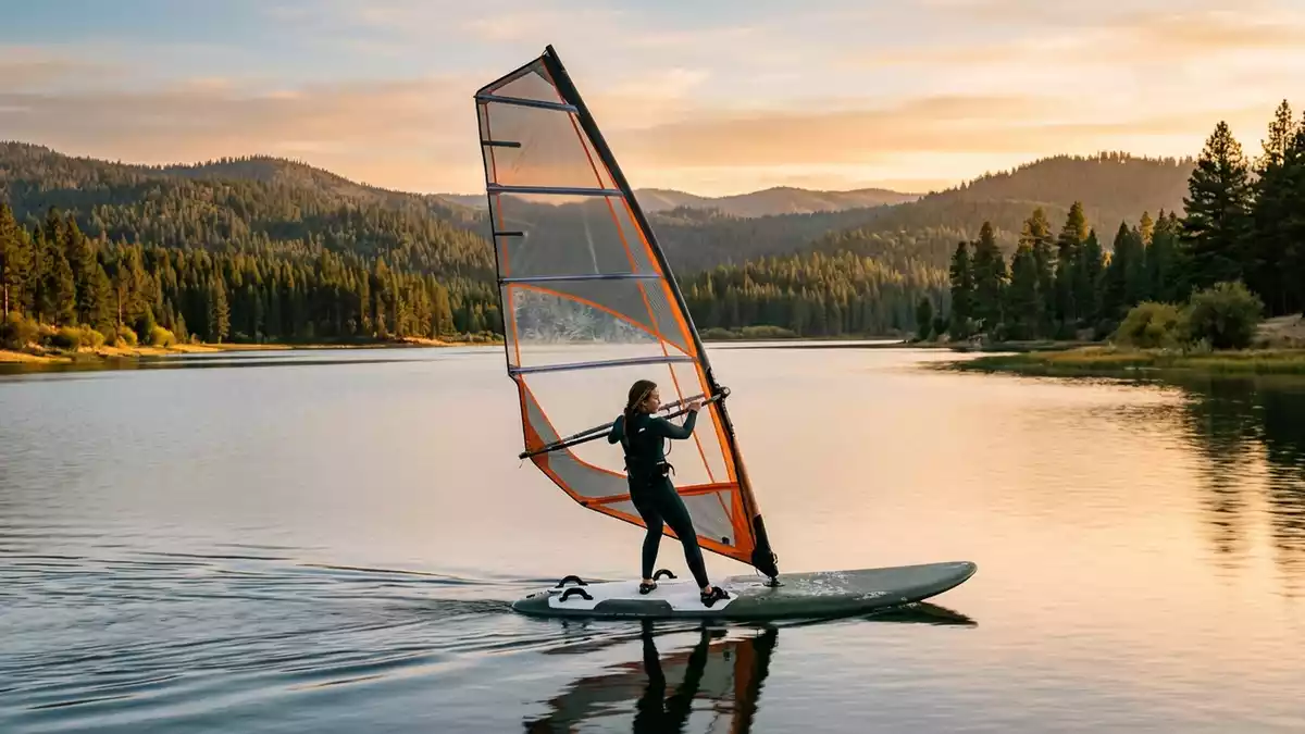 Fotorealistische Ansicht von Windsurfboard am See in warmem Abendlicht, neutral