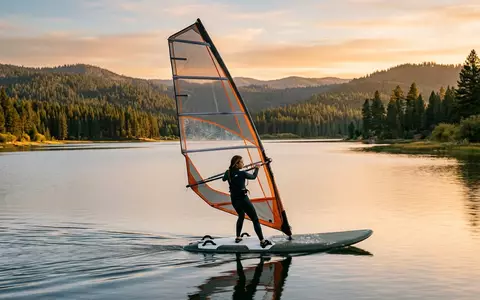 Fotorealistische Aufnahme von Windsurfboard am See zum Thema Tabou Rocket 145 LTD, warmes Abendlicht - Foto: THN