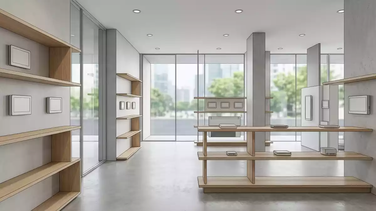 Architektur-Render im Haustechnikladen mit Raumthermostat im Ausstellungsbereich