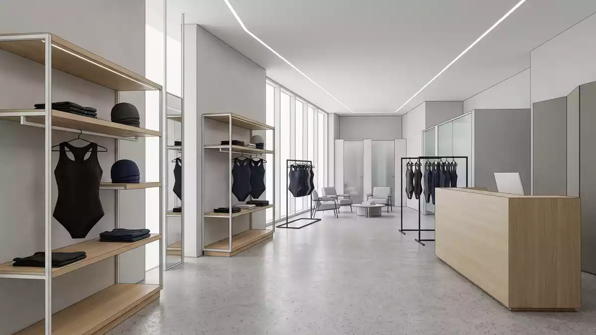 Architektur-Render im Bademodengeschaeft mit Badeanzug im Ausstellungsbereich, neutral