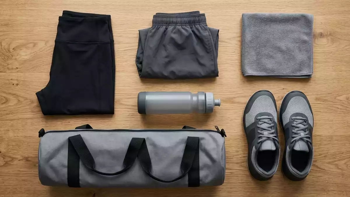 Flatlay-Arrangement rund um Sporttights mit passenden Requisiten von oben, neutral