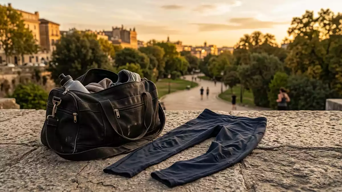 Fotorealistische Ansicht von Sporttights nach dem Laufen in warmem Abendlicht, neutral