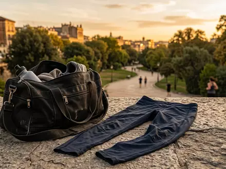 Fotorealistische Aufnahme von Sporttights nach dem Laufen zum Thema Nike Pro Compression Tights, warmes Abendlicht - Foto: THN