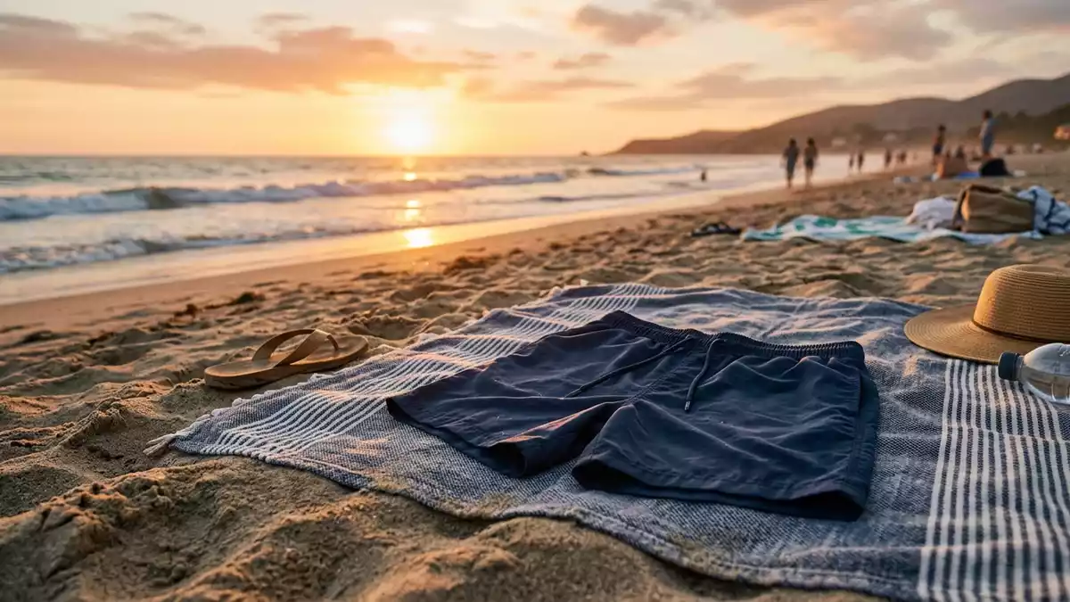 Fotorealistische Ansicht von Badeshorts am Strand in warmem Abendlicht, neutral