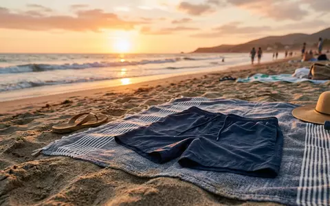 Fotorealistische Aufnahme von Badeshorts am Strand zum Thema Nike Herren Volley Badeshorts, warmes Abendlicht - Foto: THN