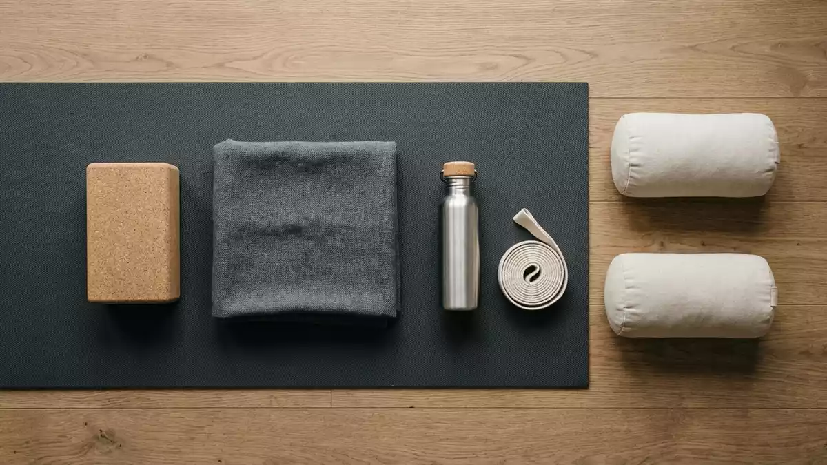 Flatlay-Arrangement rund um Yogamatte mit passenden Requisiten von oben, neutral