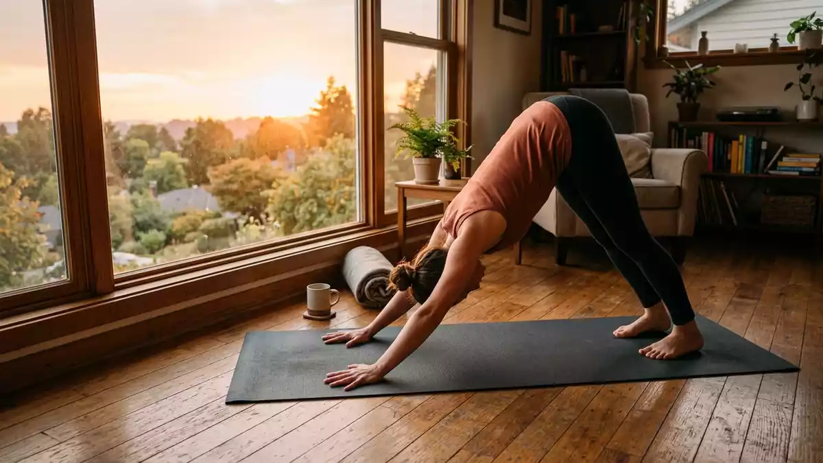 Fotorealistische Ansicht von Yogamatte im Wohnzimmer in warmem Abendlicht, neutral