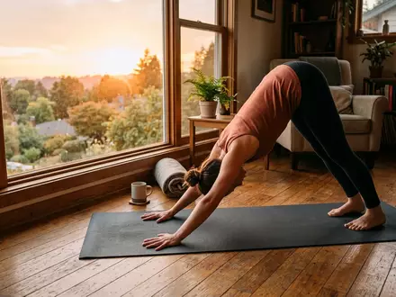 Fotorealistische Aufnahme von Yogamatte im Wohnzimmer zum Thema Nike Reversible Yoga Mat, warmes Abendlicht - Foto: THN