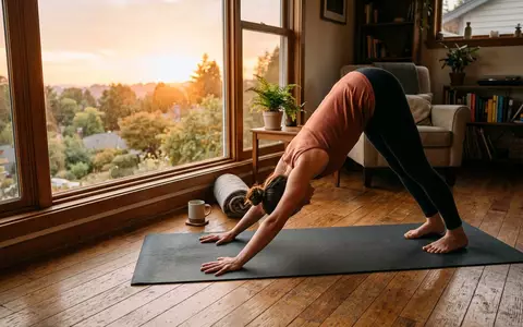 Fotorealistische Aufnahme von Yogamatte im Wohnzimmer zum Thema Nike Reversible Yoga Mat, warmes Abendlicht - Foto: THN