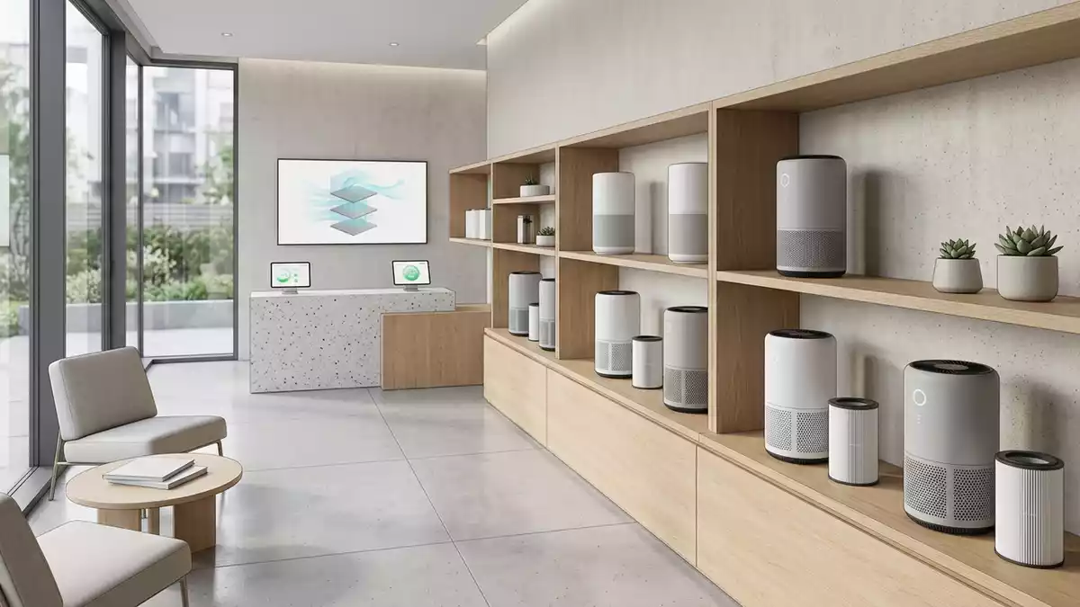 Architektur-Render im Elektrofachgeschaeft mit Luftreiniger im Ausstellungsbereich
