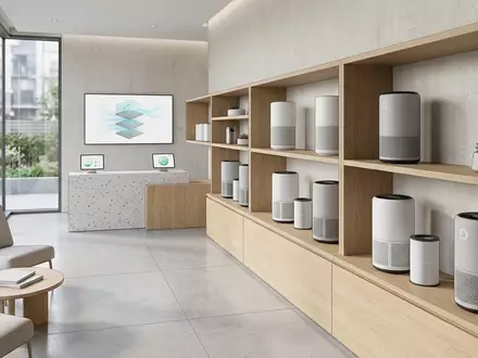 Architektur-Render im Elektrofachgeschaeft mit Luftreiniger zum Thema Philips 800 Series AC0820, neutrales Tageslicht - Foto: THN