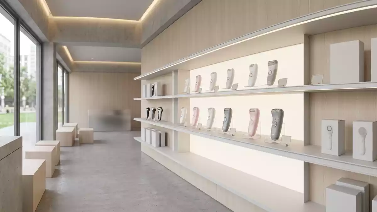 Architektur-Render im Koerperpflegegeschaeft mit Epilierer im Ausstellungsbereich