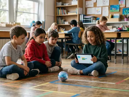 Fotorealistische Aufnahme von Programmierbarer Roboterball im Klassenraum zum Thema Sphero Mini Activity Kit, natuerliches Licht - Foto: THN