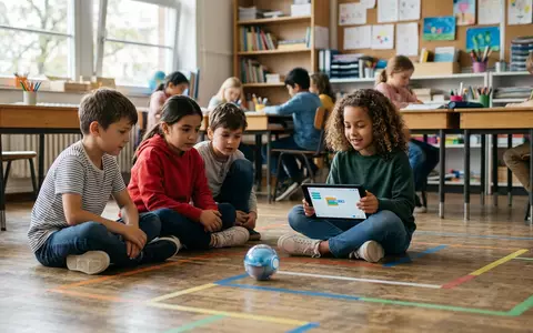 Fotorealistische Aufnahme von Programmierbarer Roboterball im Klassenraum zum Thema Sphero Mini Activity Kit, natuerliches Licht - Foto: THN