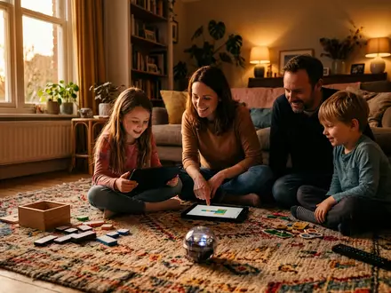 Fotorealistische Aufnahme von Programmierbarer Roboterball im Wohnzimmer zum Thema Sphero Mini Activity Kit, warmes Abendlicht - Foto: THN